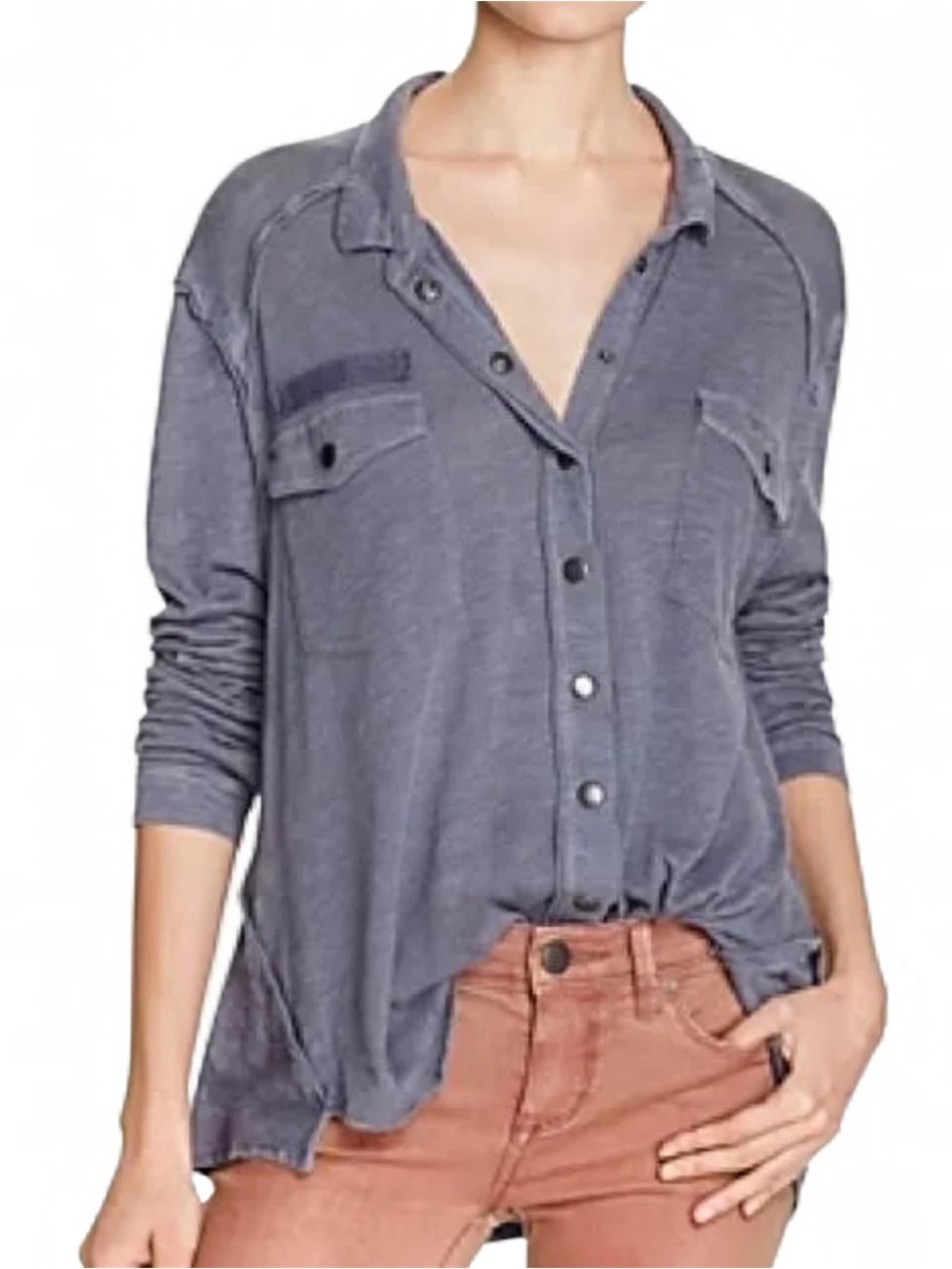 Free People “Monday Morning Top” Snap Front Tunic Length in Blue Size Small